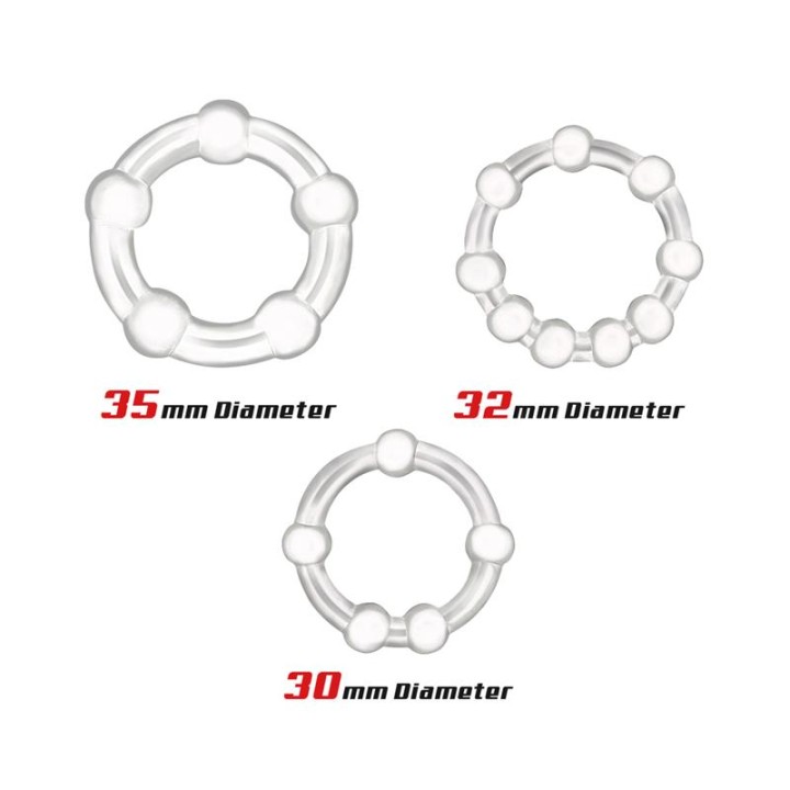 Conjunto de 3 Anéis para Pénis Flexíveis Transparentes com Contas