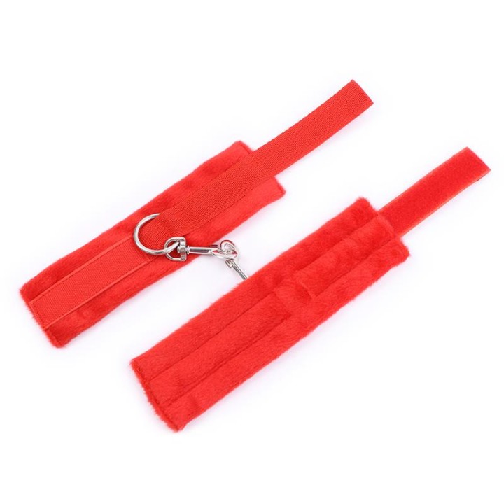 Algemas de Tecido com Velcro para Pulsos com Pelo Longo Vermelho