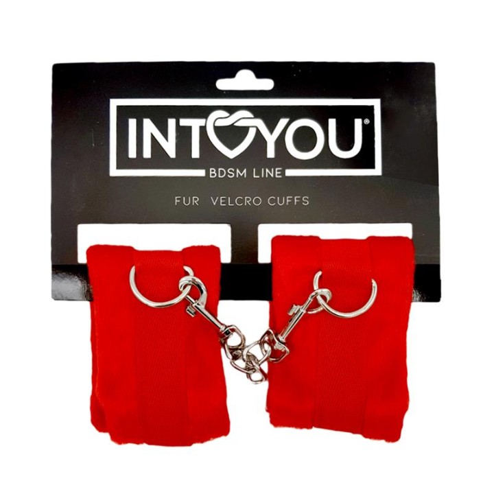 Algemas de Tecido com Velcro para Pulsos com Pelo Longo Vermelho