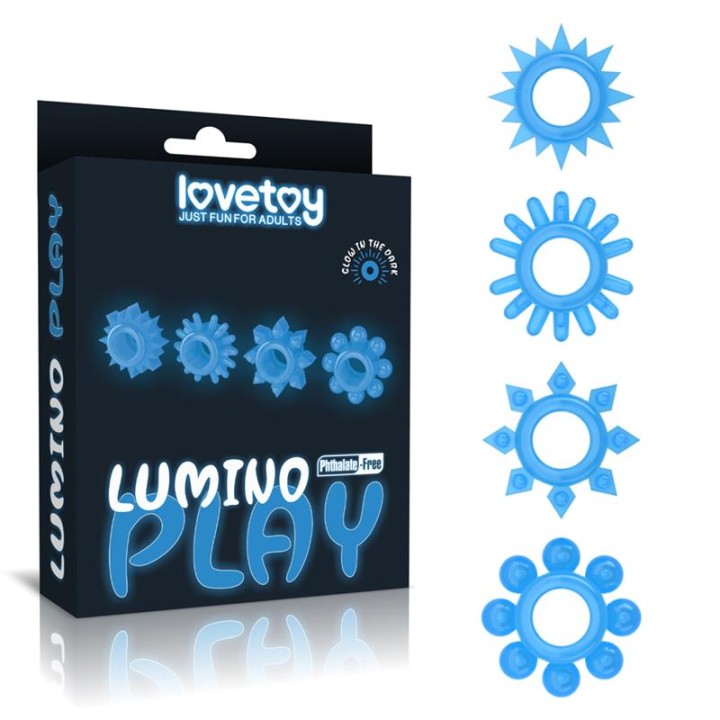 Conjunto Lumino Play 4 Anéis para Pénis Luz Azul