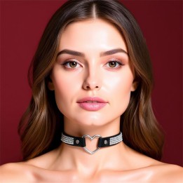 Colar com Coração e Pedraria Estilo Gargantilha em Pele Vegana Tamanho Único