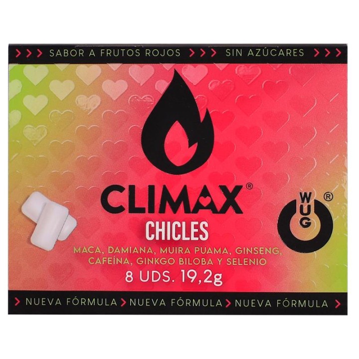 WUG Climax - Functional chewing gum with Maca, Damiana and Ginseng to enhance desire and intimate vitality. BLISTER 8 UNITS