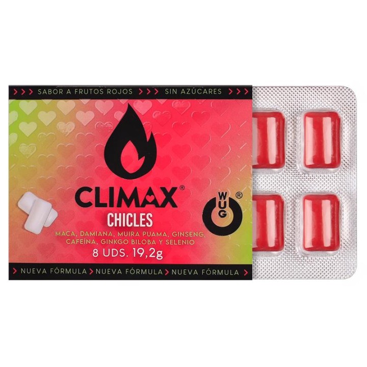WUG Climax - Functional chewing gum with Maca, Damiana and Ginseng to enhance desire and intimate vitality. BLISTER 8 UNITS