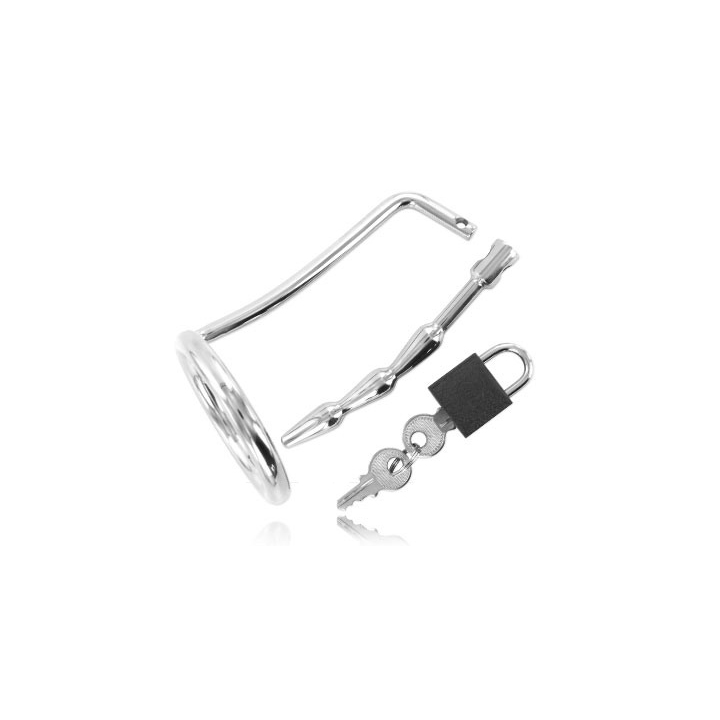 METAL HARD - TESTICLE RING WITH URETHRAL CHASTITY PLUG