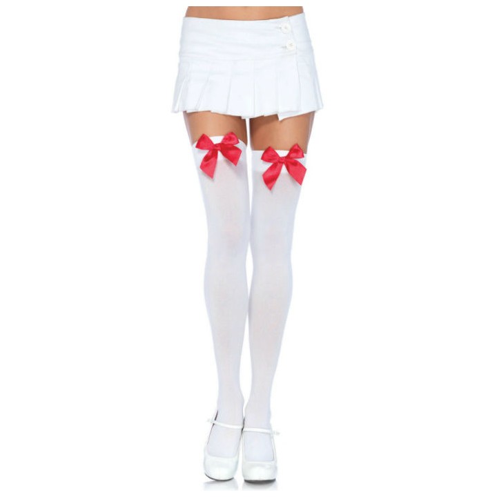 LEG AVENUE - NYLON THIGH HIGHS WITH BOW WHITE / RED